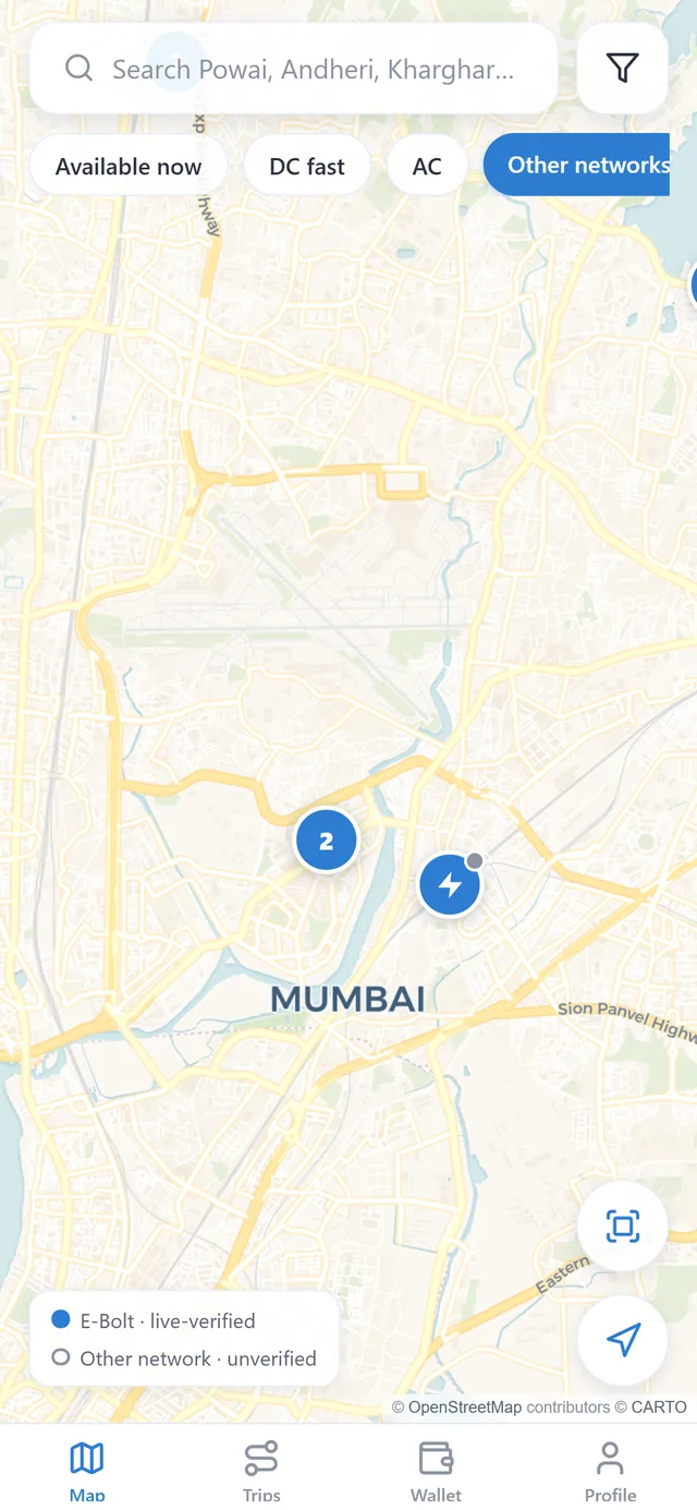 The e-bolt app showing charge points on a map of Mumbai, with filters for availability, DC fast and AC, and a legend separating e-bolt live-verified points from unverified ones on other networks.