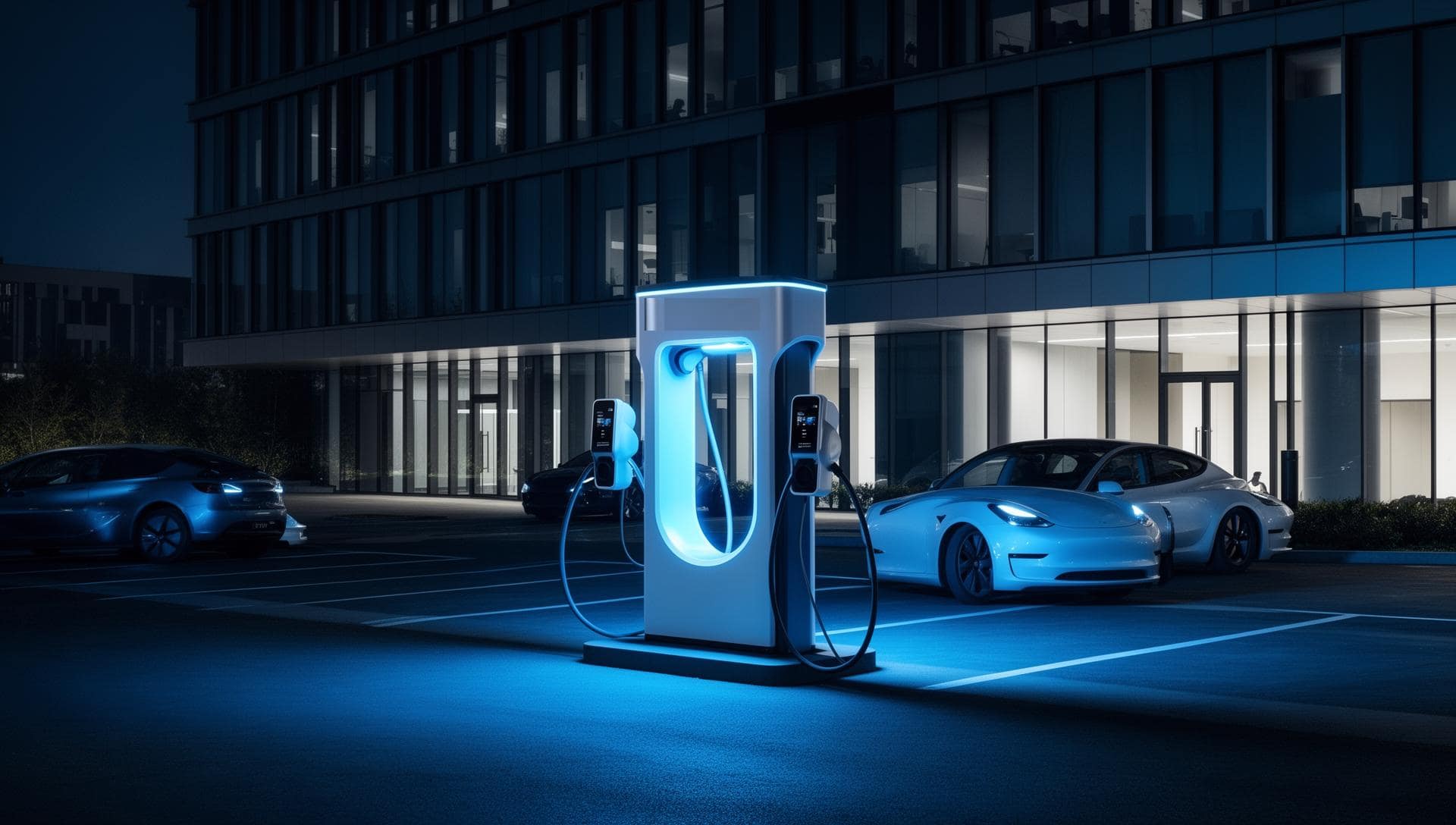 Enterprise EV charging infrastructure at a modern building at night, for fleet operators and corporate facilities in India